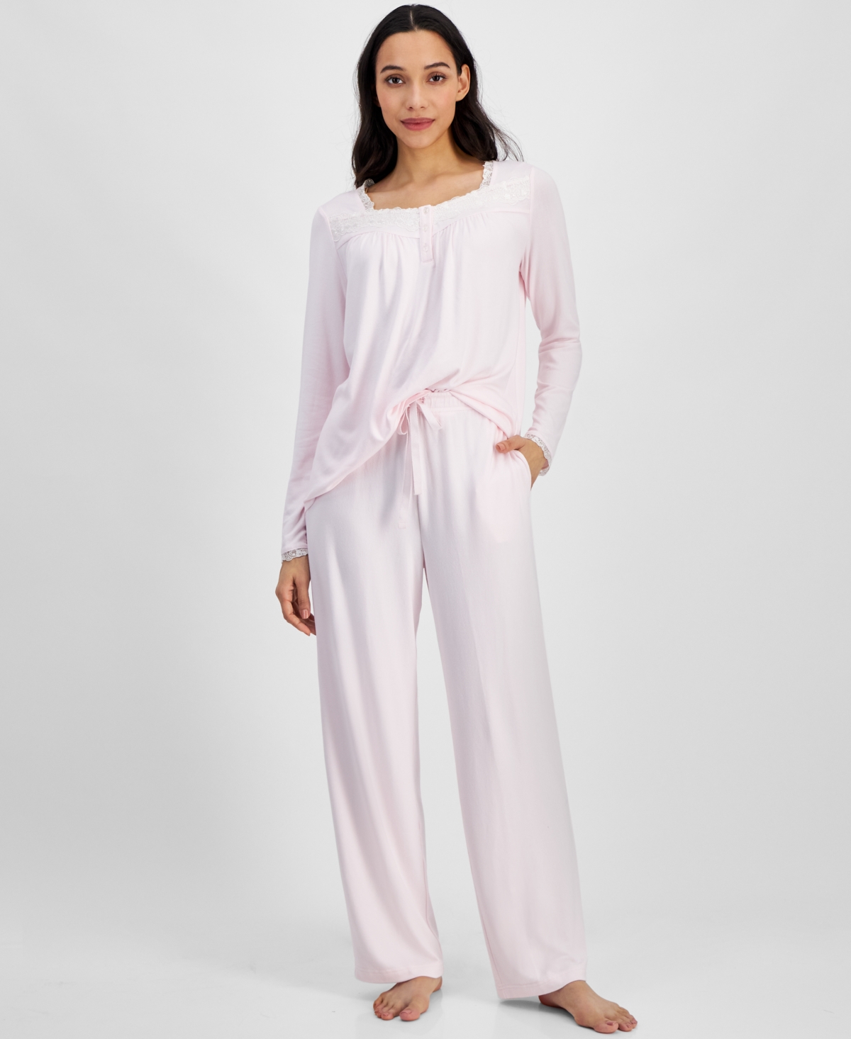 CHARTER CLUB WOMEN'S LACE-TRIM HENLEY PAJAMA SET, CREATED FOR MACY'S 