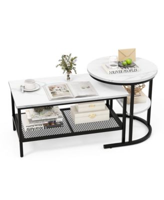 Nesting Coffee Table Set of 2 Faux Marble Top Detachable w/ Storage Shelf Gold