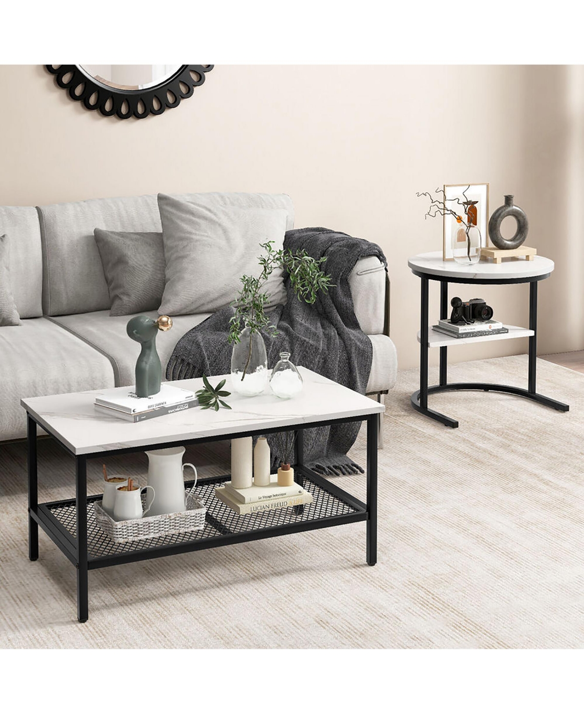 Gymax Nesting Coffee Table Set of 2 Faux Marble Top Detachable w/ Storage Shelf Gold - Black+white