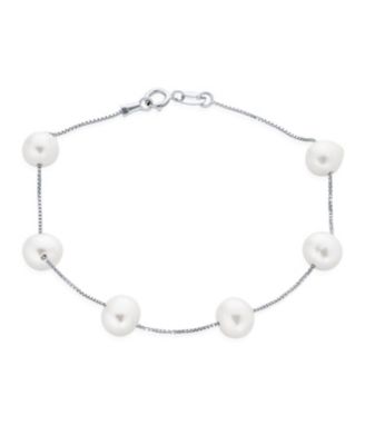 Tin Cup White Freshwater Cultured 7mm Pearl Chain Station Pearls Bracelet For Women .925 Sterling Silver 8 Inch