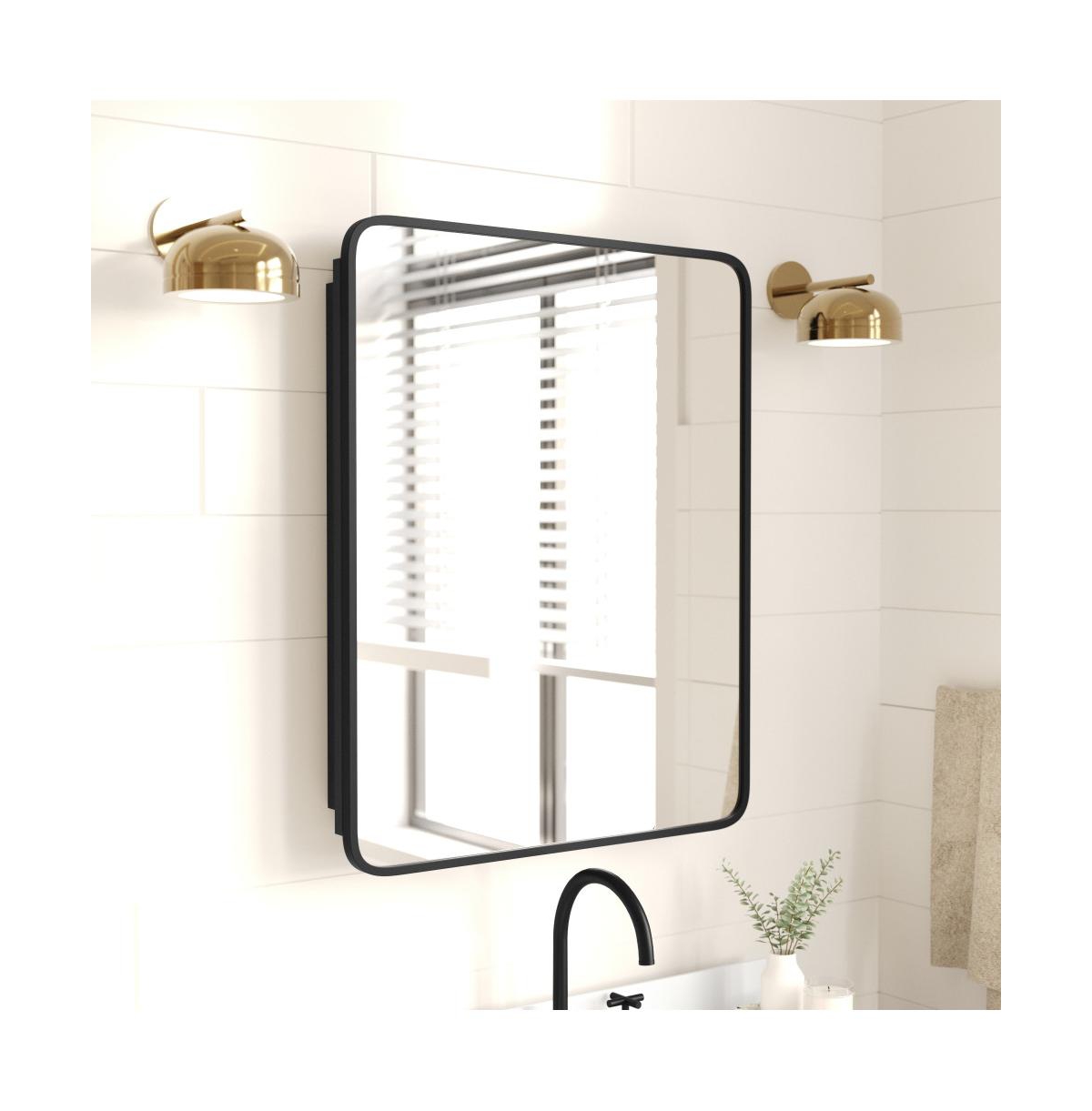 Glover Reversible Bathroom Wall Medicine Cabinet With Rounded Rectangular Beveled Mirror And Metal Frame And Shelves - Silver