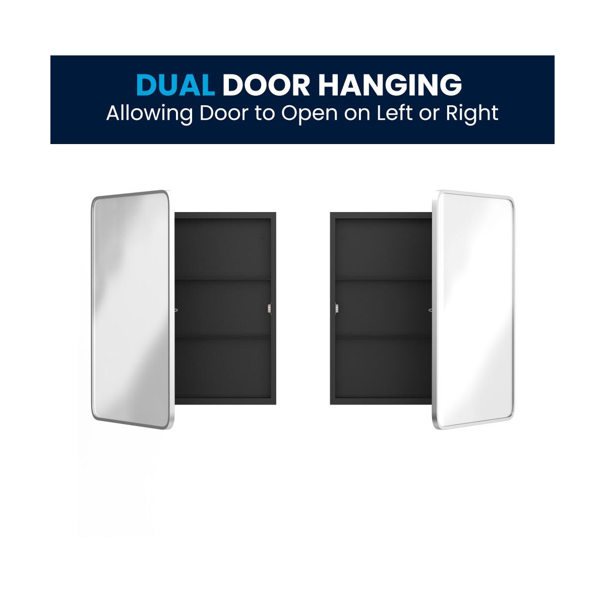 Merrick Lane Glover Reversible Bathroom Wall Medicine Cabinet With Rounded Rectangular Beveled Mirror And Metal Frame And Shelves