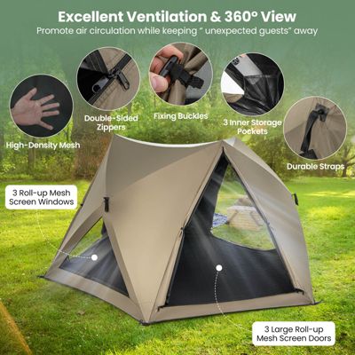 Pop-up Camping Tent for 4/5/6 People with Rainfly Skylight 3 Doors 3 Windows