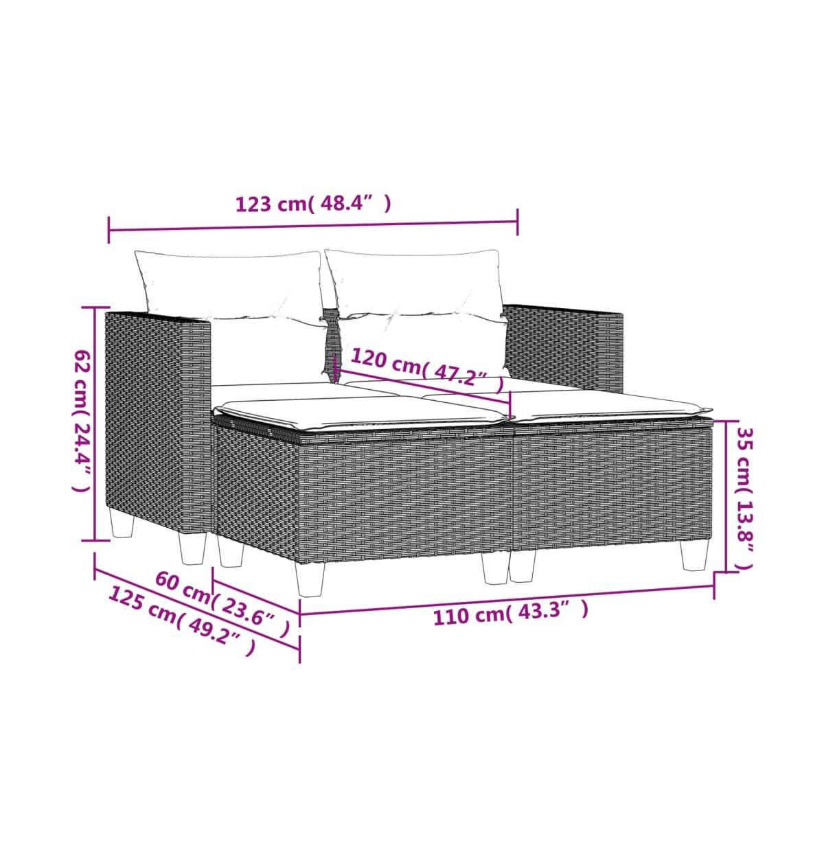 vidaXL Patio Sofa 2-Seater with StoolsPoly Rattan - Black