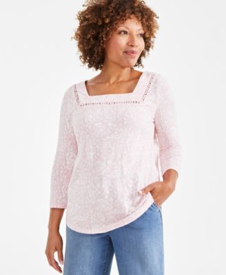 Style & Co - Women's Cotton Floral-Print Crocheted-Inset Top