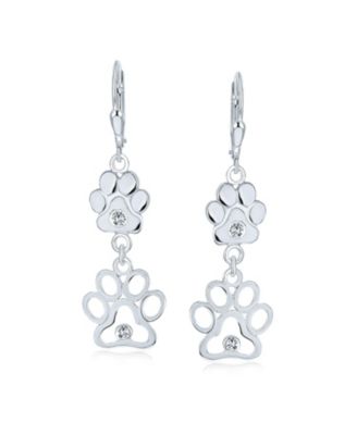 BFF Cut Out Open Animal Lover Pet Dog Cat Paw Print Dangle Stud Earrings Puppy Cubic Zirconia .925 Sterling Silver Lever back Push Back