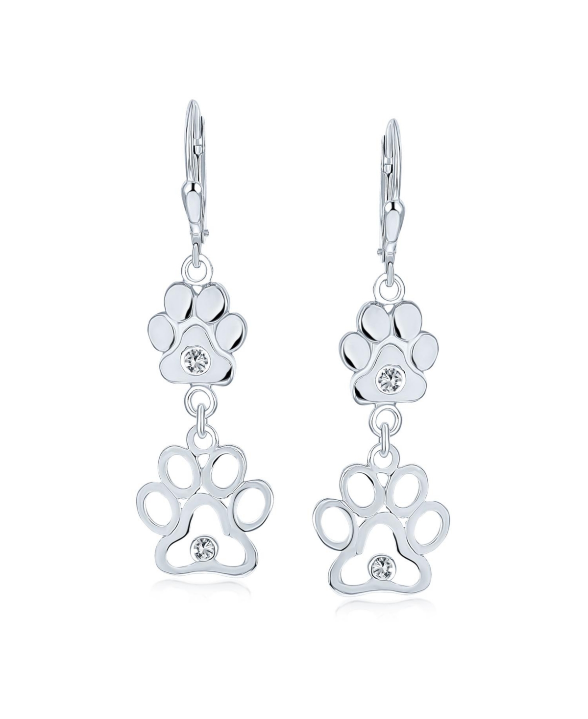 Bling Jewelry Bff Cut Out Open Animal Lover Pet Dog Cat Paw Print Dangle Stud Earrings Puppy Cubic Zirconia .925 Sterling Silver Lever Back Push
