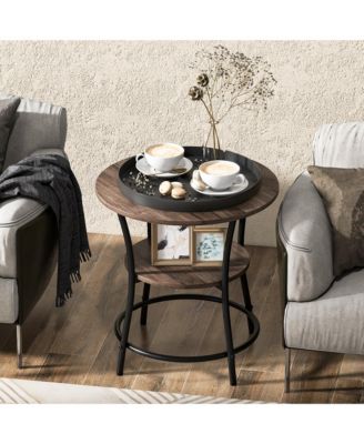2-Tier Side Table Compact Round Metal Frame Coffee Table w/ Open Shelf Brown