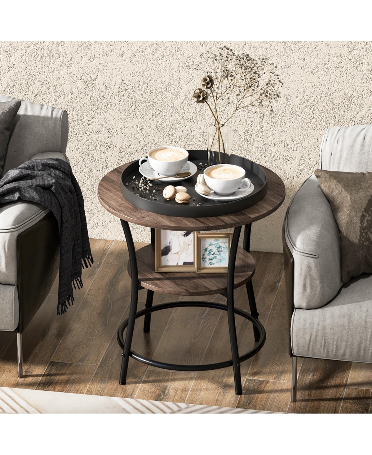 Gymax 2-Tier Side Table Compact Round Metal Frame Coffee Table w/ Open Shelf Brown