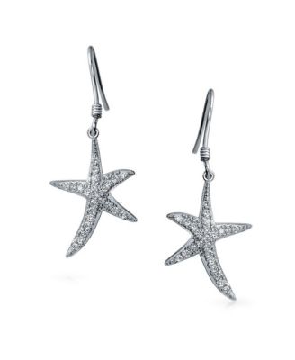 Nautical Ocean Tropical Beach Cubic Zirconia Pave CZ Starfish Drop Dangle Earrings .925 Sterling Silver Fish Hook