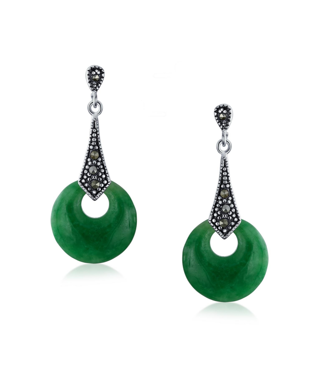 Bling Jewelry Asian Style Good Fortune Marcasite DyedJade Open Circle Dangle Drop Earrings For Women .925 Sterling Silver - Green