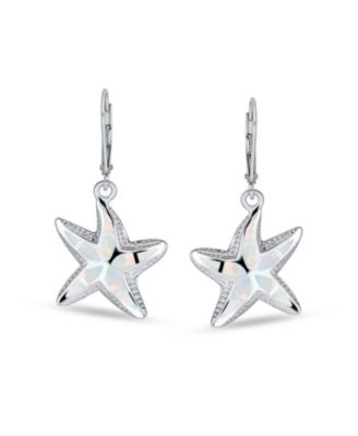 Iridescent Created Opal Inlay Nautical Vacation Honeymoon Ocean Marine Life Starfish Dangle Drop Lever back Earrings Sterling Silver