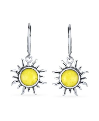 Tropical Honeymoon Vacation Beach Sun Rise Lemon Yellow Natural Amber Round Sunburst Dangle Drop Earrings For Women Lever Back Oxidized