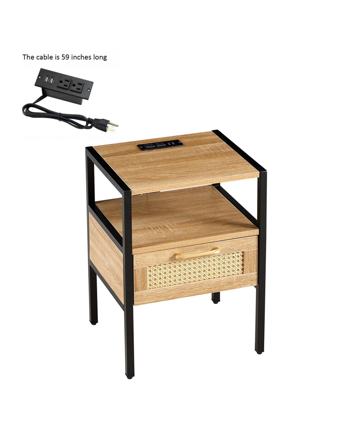 Slickblue Rattan End Table with Power Outlet and Usb Ports for Convenient Charging