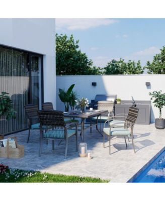 Brown 5-Piece PE Wicker Outdoor Dining Set with Green Cushions