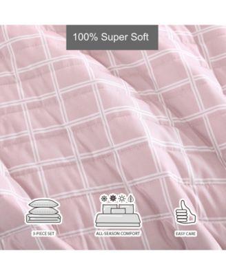 Woven Grid Microfiber Pink 3 Piece Quilt Set-Full/Queen