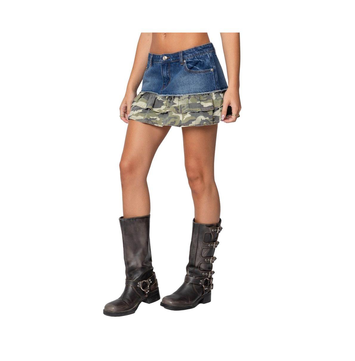 Edikted Women's Camo Ruffle Denim Mini Skirt - Blue-washed