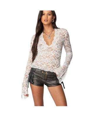 Edikted Womens Sheer Lace Bell Sleeve Top - Macy's