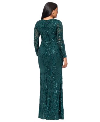 Betsy & Adam Plus Size Sequined Long-Sleeve Sheath Gown