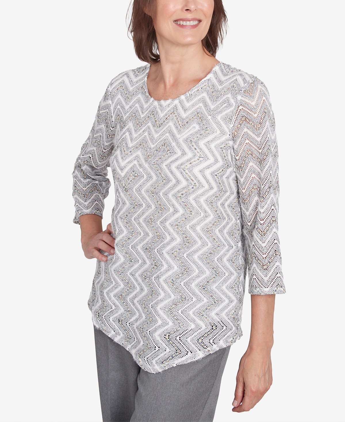 Alfred Dunner Petite Copenhagen Spliced Crew Neck Wavy Stripe Top In Grey Multi