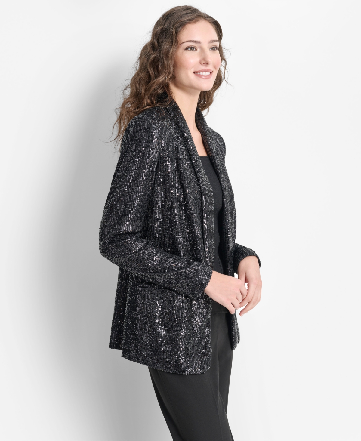 Dkny Petite Sequined Shawl-Collar Long-Sleeve Jacket