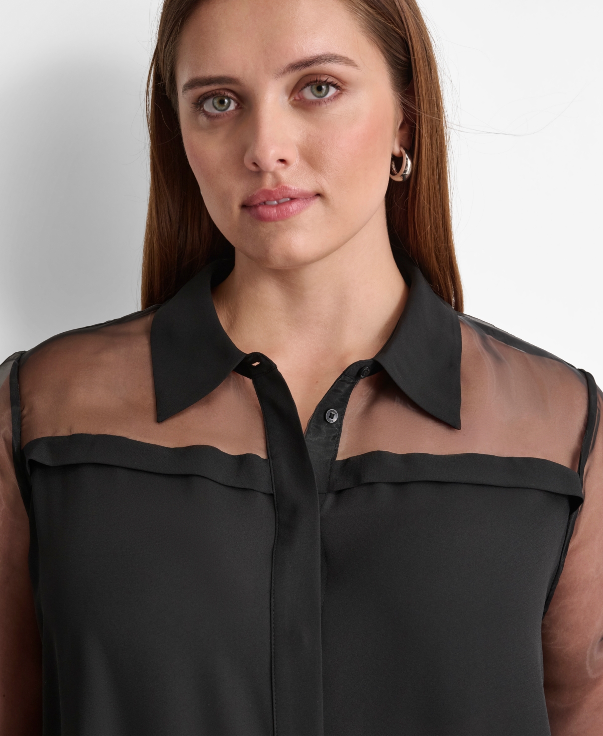 Dkny Plus Size Collared Mixed-media Illusion Blouse In Black