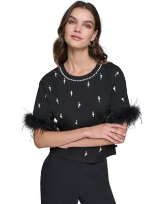 KARL LAGERFELD PARIS - Women's Faux-Pearl Feather-Trim Top