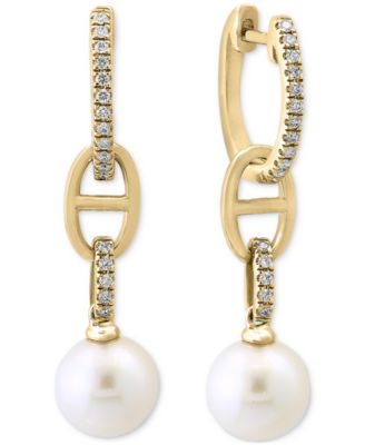 EFFY&reg; Cultured Freshwater Pearl (7mm) & Diamond (1/8 ct. t.w.) Mariner Link Drop Earrings in 14k Gold