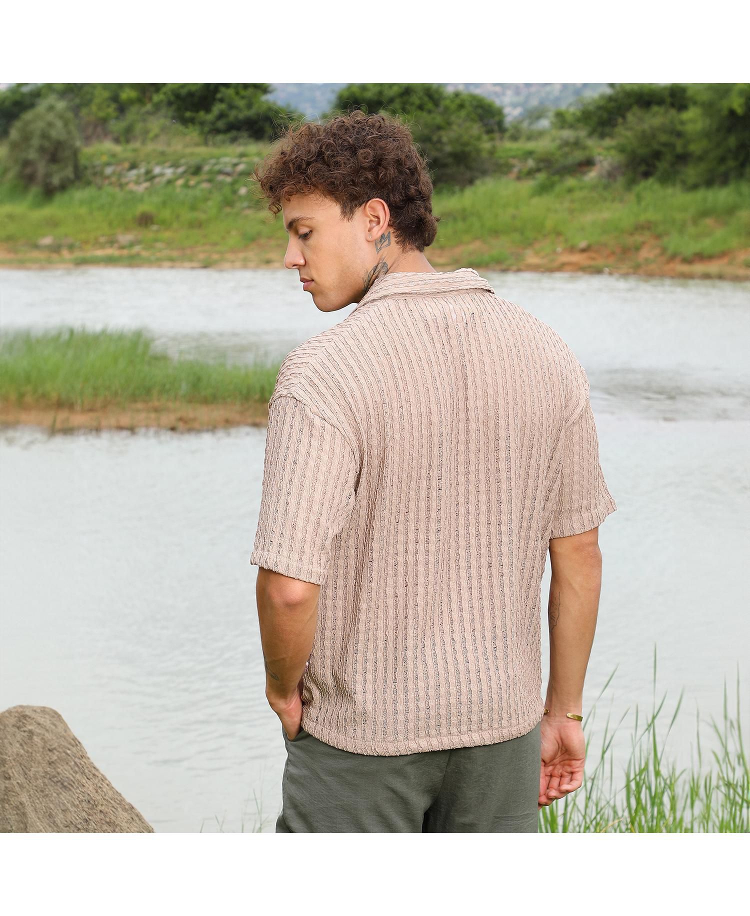 Men's Peanut Brown Striped Knit Oversized Shirt