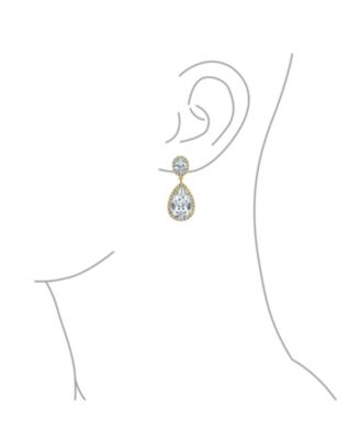 Cubic Zirconia Pave CZ Halo Statement Large Teardrop Dangle Clip On Earrings Prom 14K Gold Plated Brass
