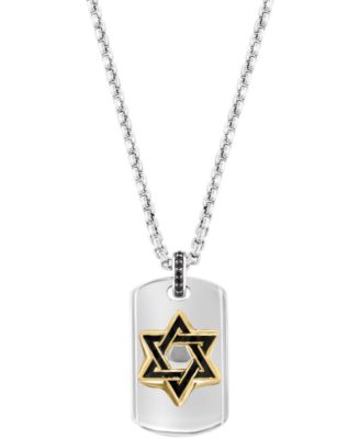 EFFY&reg; Men's Black Spinel Star of David Dog Tag 22" Pendant Necklace (1/10 ct. t.w.) in Sterling Silver & Gold-Plate