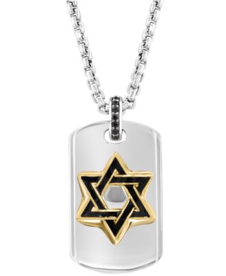 EFFY&reg; Men's Black Spinel Star of David Dog Tag 22" Pendant Necklace (1/10 ct. t.w.) in Sterling Silver & Gold-Plate