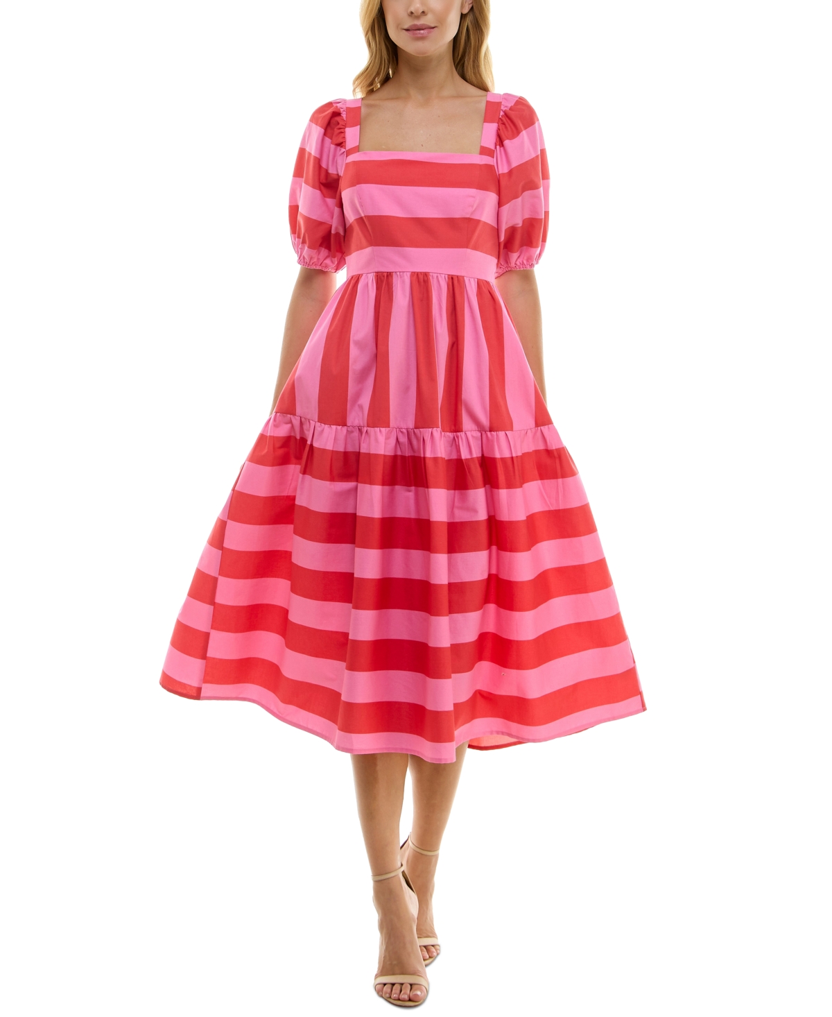 Juniors' Striped Balloon-Sleeve Midi Dress - Pink Red