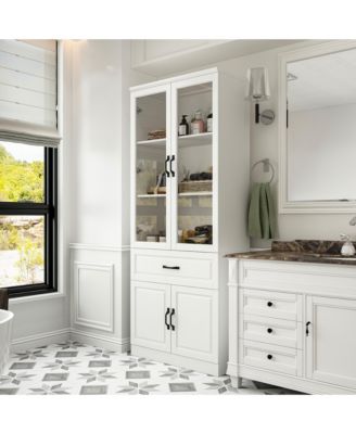 Wood 4-Shelf Bookcase with Tempered Glass Doors, Drawer, and Cabinet Storage