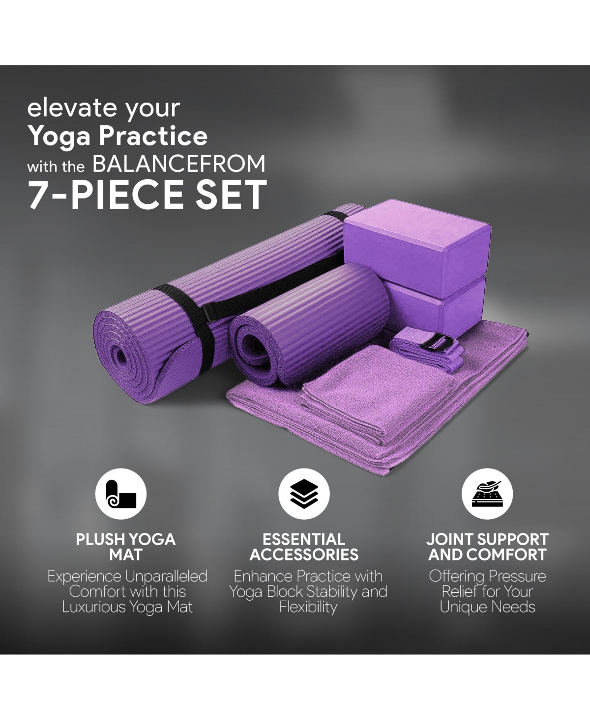 BalanceFrom Fitness 7 Piece Yoga Set with Mat, Stretch Strap & Knee Pad,- Purple