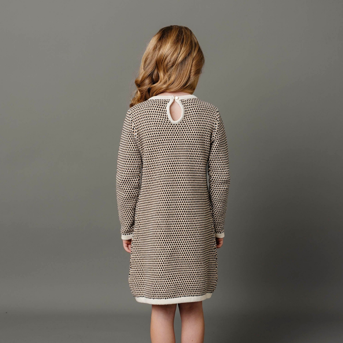 Hope & Henry Toddler Girls Organic Long Sleeve Bow Detail Tweed Sweater Dress - Black and cream tweed
