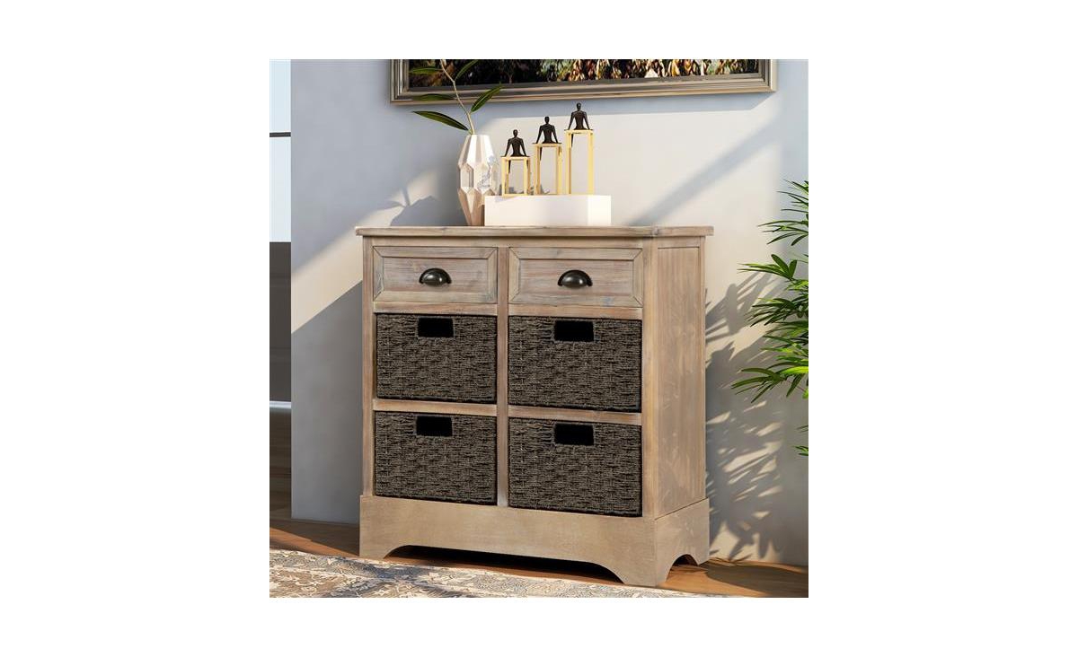 Slickblue Storage Cabinet with 2 Drawers and 4 Classic Rattan Baskets for Dining Room and Living Room