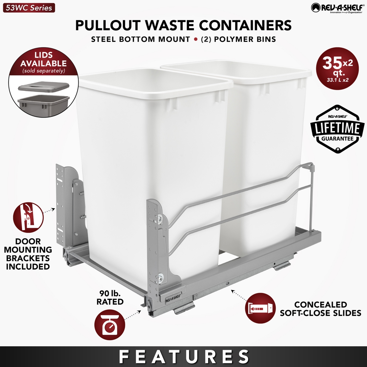 Rev-a-Shelf Double Pullout Trash Can 35 qt. with Soft-close, 53WC-1835SCDM-212