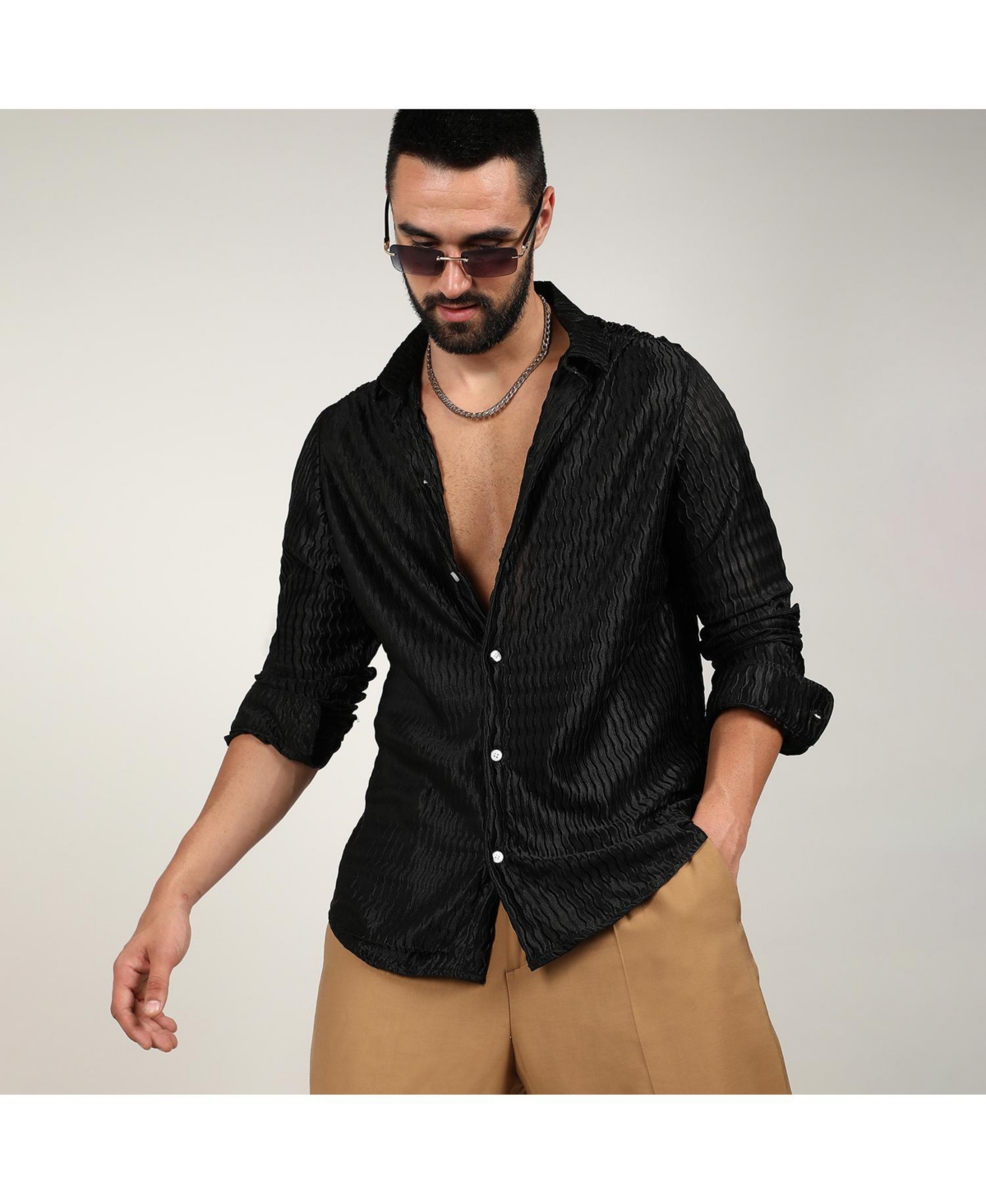 Campus Sutra Men's OnyxCurly-Creased Shirt - Black
