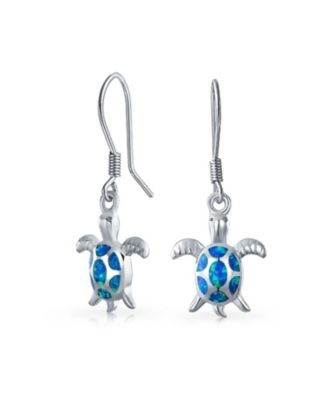 Nautical Aquatic Tropical Beach Vacation Iridescent Blue Created Opal Inlay Sea Tortoise Turtle Dangle Drop Earrings .925 Sterling Silve