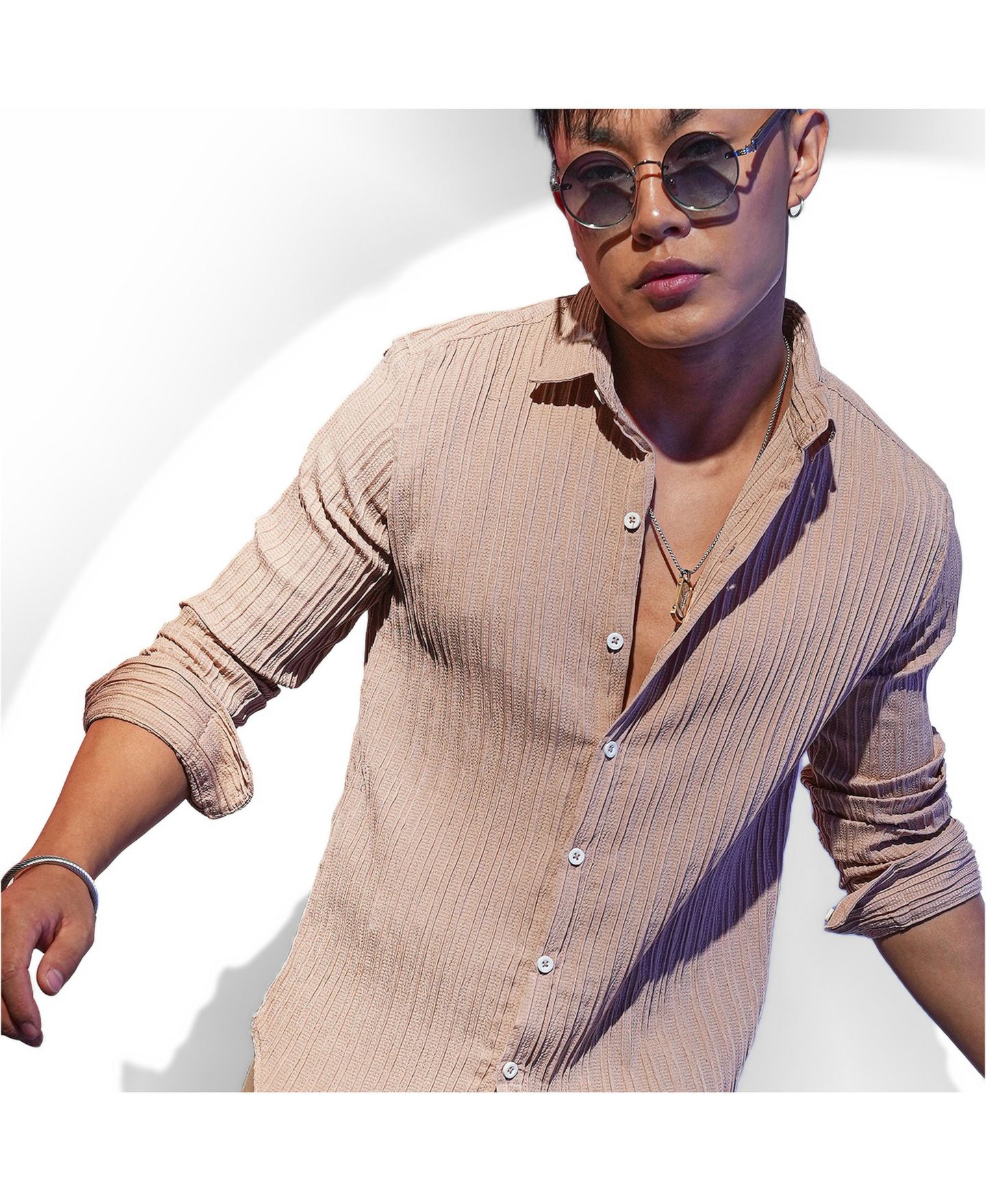 Мужская рубашка Cahoot Campus Sutra Light Beige Self-Design Striped, цвет: Бежевый / Хаки — фото 6