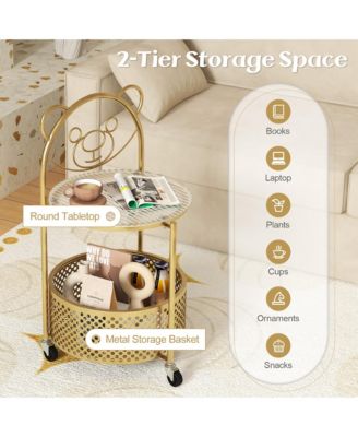 2-Tier Mobile Glass Coffee Table w/ Bear Pattern Storage Basket Transparent & Golden