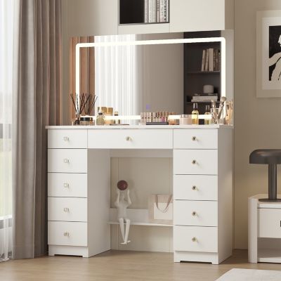 11-Drawer Vanity with 3 Color LED Mirror, Tempered Glass Countertop,Crystal Handle, Makeup Table,Chest