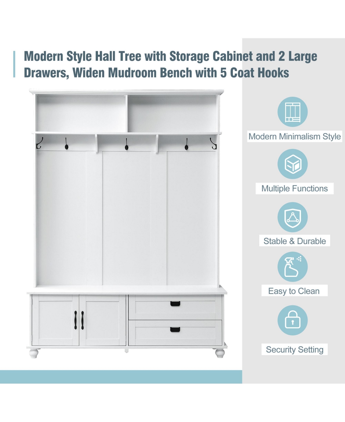 Slickblue Modern Hall Tree with Storage Cabinet & 2 Large Drawers: Wide Mudroom Bench with 5 Coat Hooks -- White