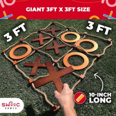 Giant Wooden Tic Tac Toe Game (All Weather) | 3ft x 3ft | Big Wood X & O Pieces with Rope Game Board | Tic Tac Toe Board