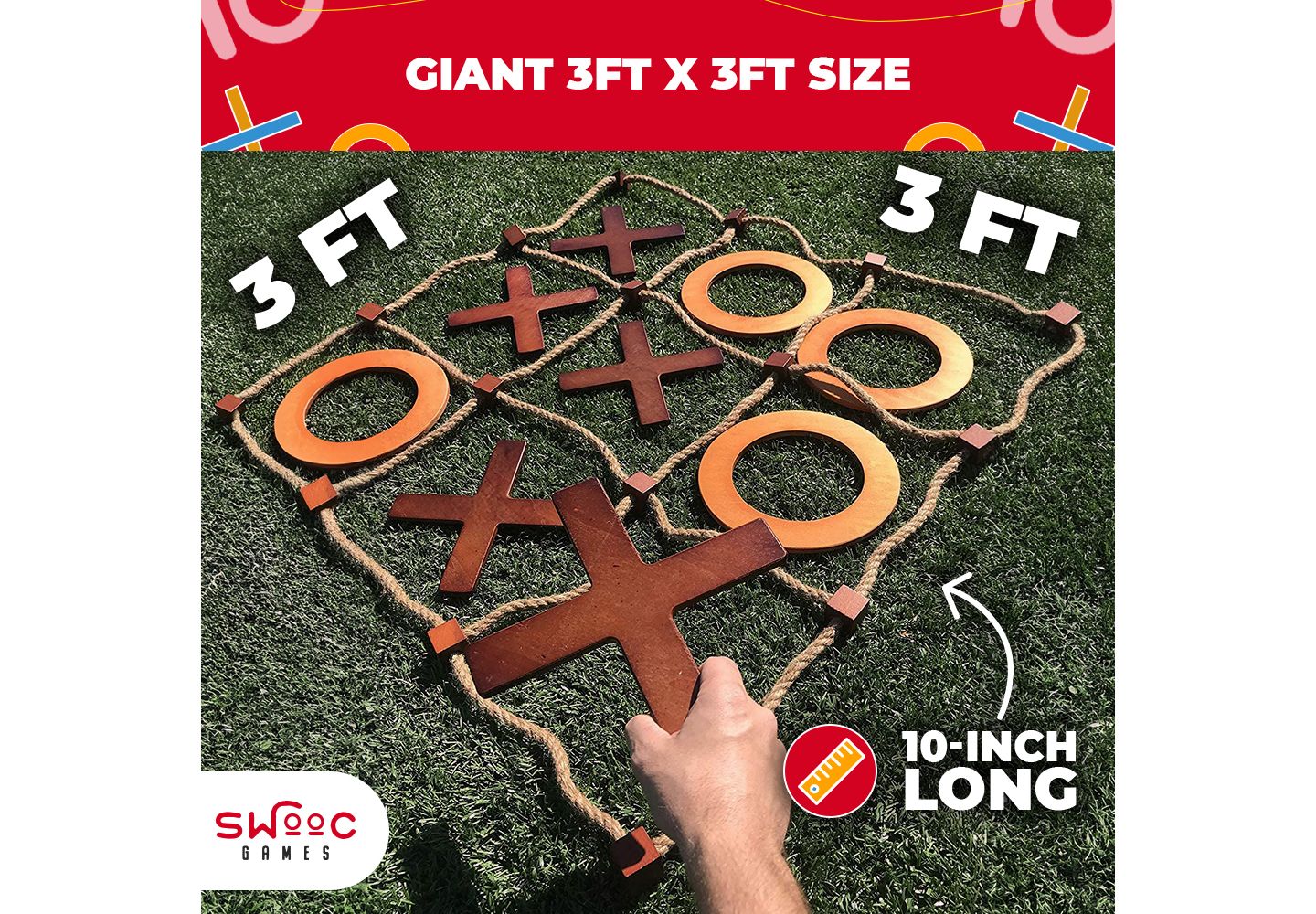 Гигантская деревянная игра в крестики-нолики Swooc, 36 x 36 дюймов, для улицы, от 6 лет — фото 3