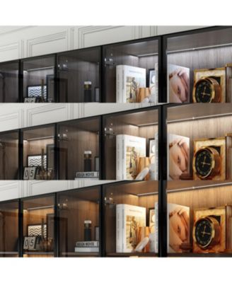 Brown Wood 23-Shelf Accent Bookcase with Glass Doors, Lights