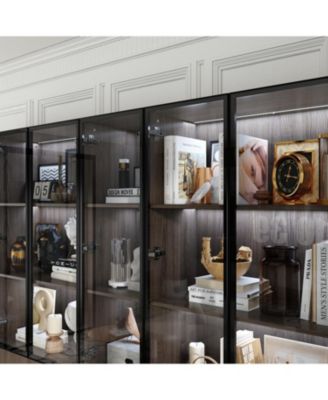 Brown Wood 23-Shelf Accent Bookcase with Glass Doors, Lights