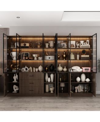 Brown Wood 23-Shelf Accent Bookcase with Glass Doors, Lights