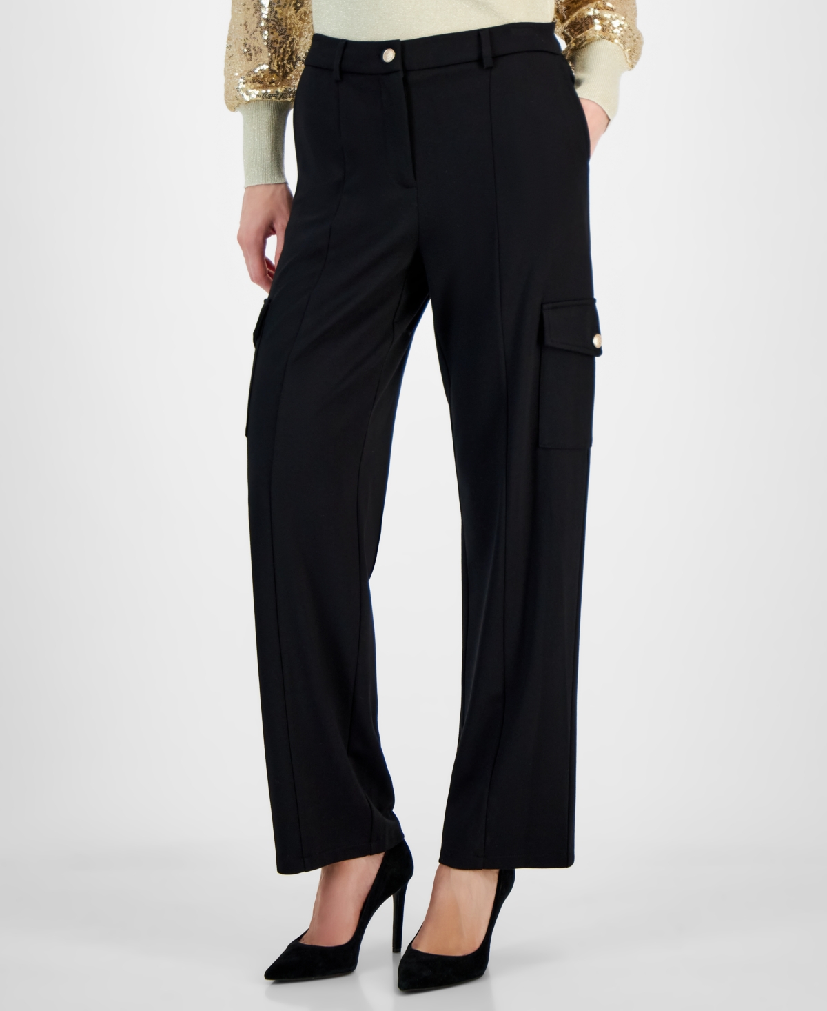 Women's Solid-Color Wide-Leg Cargo Pants - Black